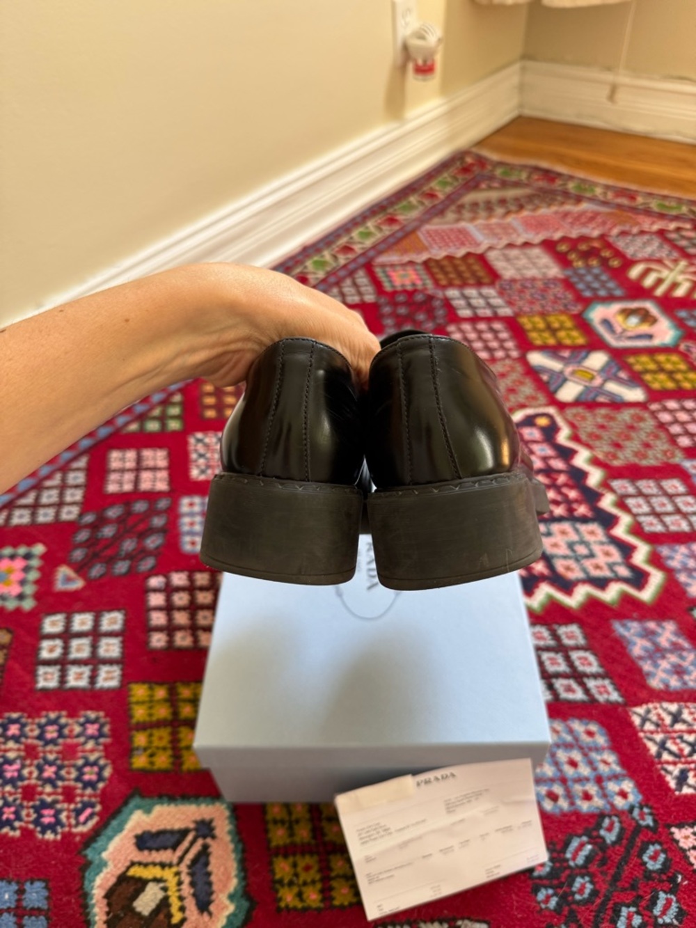 Prada Black Patent Leather Women’s Slip-On Loafers with Triangle Logo - Picture 4 of 5